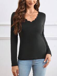 SHEIN LUNE Camiseta unicolor ribete en abanico - Negro - Ver 4