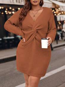 Calvaya 大碼扭結針織毛衣洋裝 - 駝色 - 查看 5