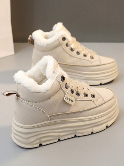 Women's Winter High-Top Sports Shoes - Thick Thermal Lined , Anti-Slip Thick Soles, Fashionable Geometric Pattern Design, Lace-Up Closure,Sneakers For Women