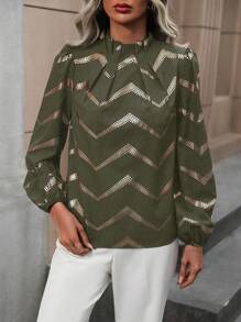 SHEIN Clasi 鋸齒形印花燈籠袖褶邊領襯衫 - 軍綠色 - 查看 6