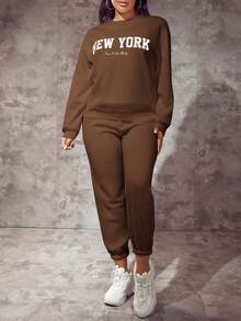 SHEIN SXY Letter Graphic Drop Shoulder Sweatshirt - Coffee Brown - View 5