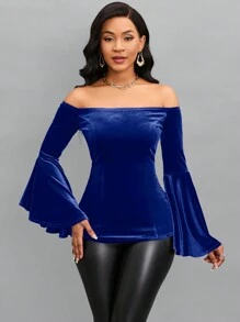 SHEIN Lady 一字肩鐘形袖絲絨T恤 - 寶藍色 - 查看 1