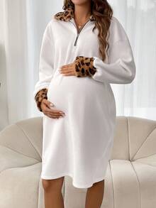 SHEIN Maternity Contrast Leopard Trim Quarter Zip Drop Shoulder Dress - White - View 5
