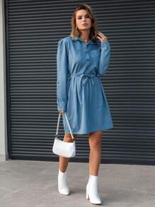 RueChic Button Front Belted Denim Dress - Light Wash - View 5