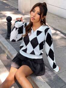 SHEIN Unity Argyle Pattern Sweater Knit Pullover Fall Winter Outfit