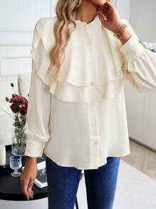 SHEIN VCAY Ruffle Trim Button Front Shirt - Apricot - View 3