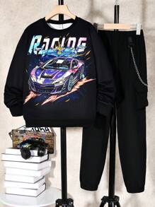 SHEIN Cậu bé Tween Đồ họa ô tô và chữ cái Áo nỉ & Chi tiết chuỗi Quần - màu đen - Xem 1