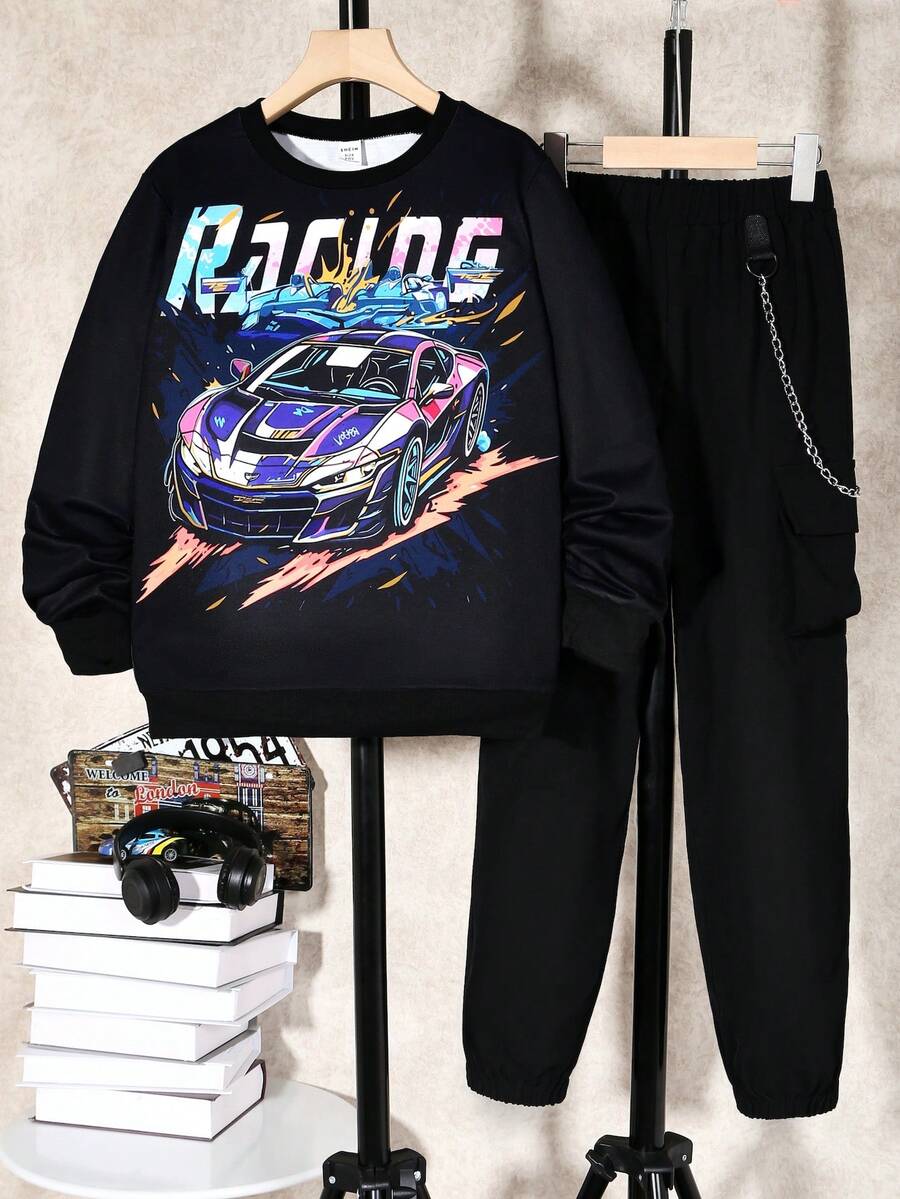 SHEIN Cậu bé Tween Đồ họa ô tô và chữ cái Áo nỉ & Chi tiết chuỗi Quần - màu đen - Xem 1