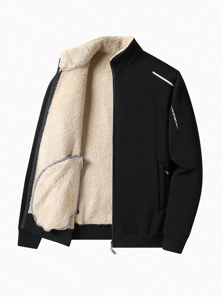 休閒口袋 拉鍊純色男士外套 - 黑色 - 查看 1