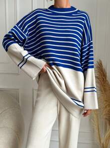 RueChic Striped Pattern Drop Shoulder Sweater & Knit Pants