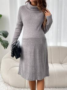 SHEIN Maternity Turtleneck Hidden Pocket Dress - Grey - View 4
