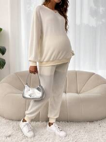 SHEIN Maternity Drop Shoulder Pullover & Adjustable Waist Sweatpants - Beige - View 7