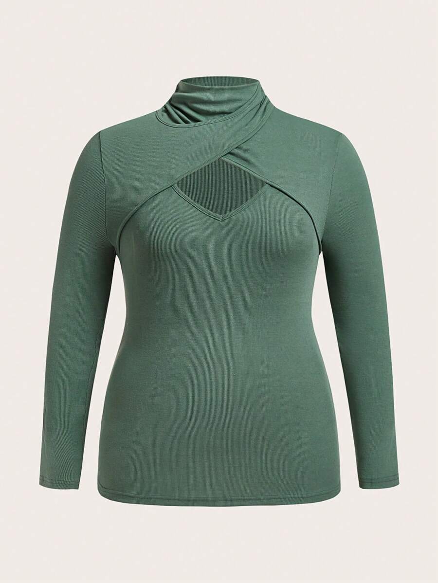 SHEIN Clasi Hơn Cắt ra Crossover Mặt trước Cổ giả Áo thun - xanh quân đội - Xem 1