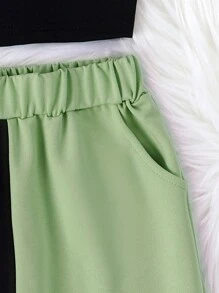 SHEIN 女小童字母圖案不對稱下擺連帽衫和運動褲&吊帶上衣 - 綠色 - 查看 4