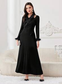 Modelyn Women's Plush Sleeve Cuff Hollow Out Knit Dress Long Evening Dresses