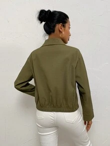 SHEIN LUNE Túi có nắp Thả vai Nút phía trước Áo khoác - xanh quân đội - Xem 2