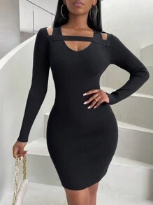 Zolique Cut Out Ribbed Knit Bodycon Sweater Dress - Black - View 5
