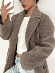 SHEIN EZwear 西裝領雙排釦絨毛外套 - 棕色 - 查看 3