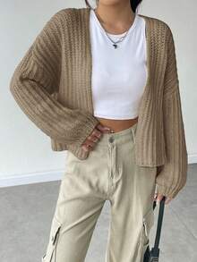 SHEIN Qutie Áo Cardigan thiết kế giản dị thả vai - Màu Khaki - Xem 3
