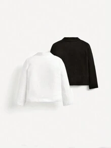 SHEIN 嬰兒男童鈕釦條紋半高領長袖上衣,2入組 - 黑與白 - 查看 2