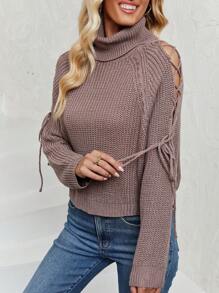 SHEIN LUNE 高领系带插肩袖针织套头衫秋冬毛衣 - 駝色 - 查看 1