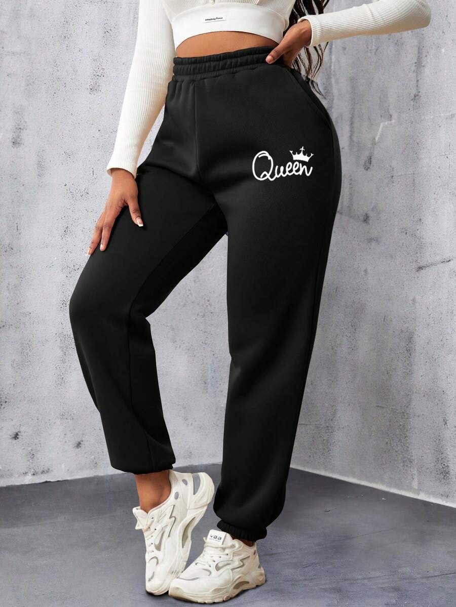 INAWLY Crown & Letter Graphic Elastic Waist Sweatpants - Black - View 1