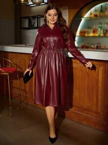 SHEIN Clasi Plus Button Front PU Leather Shirt Dress - Burgundy - View 5