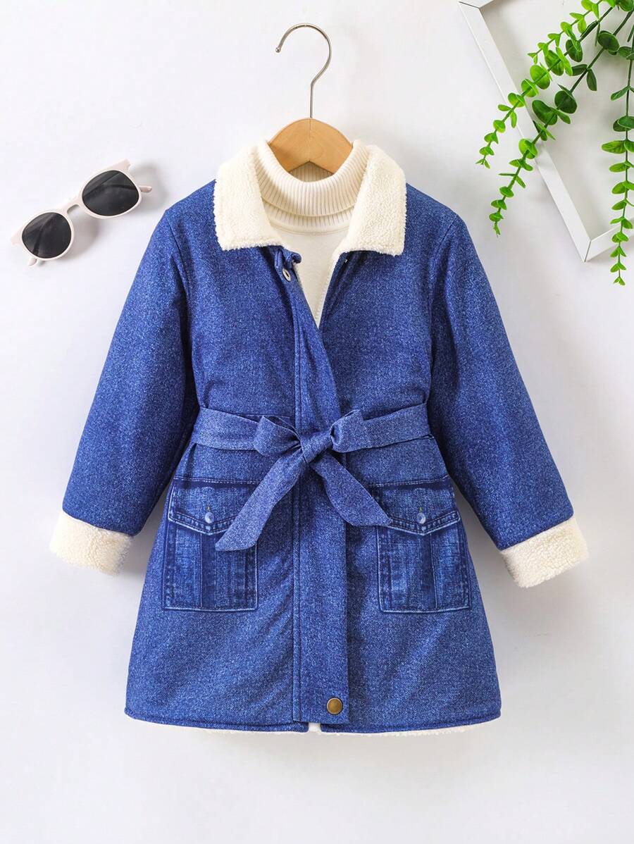 SHEIN 少女編織花卉印花加絨襯裡腰帶外套 - 藍色 - 查看 1