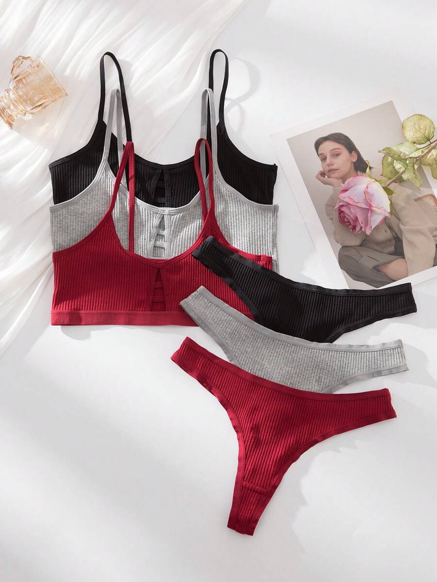 3sets Solid Rib Lingerie Set, Bra & Panty Set - Multicolor - View 1