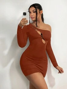 SHEIN SXY Asymmetrical Neck Cut Out Bodycon Dress - Rust Brown - View 5