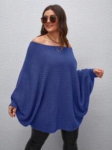 Calvaya 大碼露肩蝙蝠袖毛衣 - 藍色 - 查看 3