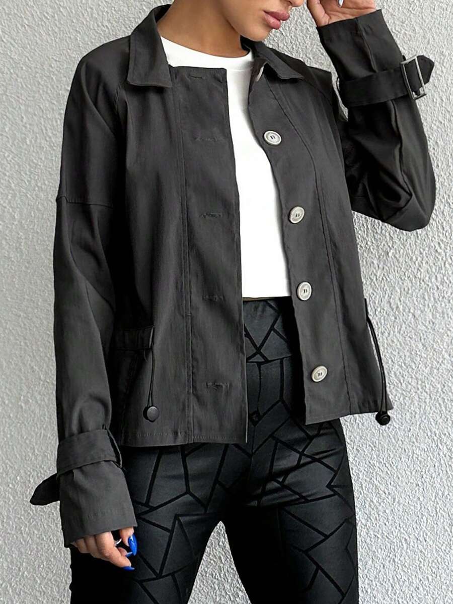 EURMUSE 搭扣帶細節插肩袖腰部抽繩夾克 - 灰色 - 查看 1