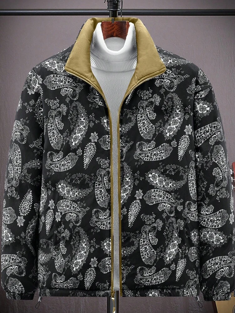 1pc Oversized Men's Reversible Drawstring Hem Zip Up Padded Coat