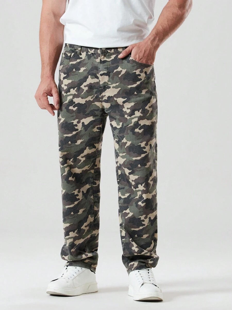 Manfinity Homme 男士大碼迷彩牛仔褲 - 軍綠色 - 查看 1