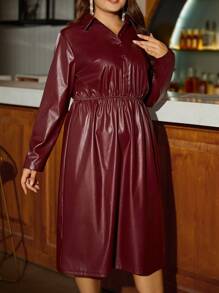 SHEIN Clasi Plus Button Front PU Leather Shirt Dress - Burgundy - View 4