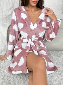 雲朵圖案連帽腰帶法蘭絨睡袍 - 粉色 - 查看 4