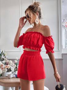 Breezaya Off Shoulder Lá sen tỉa Top Cây trồng & Quần short - Đỏ - Xem 4