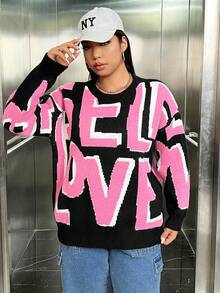 SHEIN EZwear Hơn Mẫu chữ Thả vai Áo len - màu đen - Xem 4