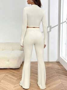 SHEIN EZwear Ladies' Solid Color T-shirt And Flared Pants Set - Apricot - View 2