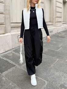 SHEIN EZwear Dây kéo Mùa vụ Áo gi lê Lông vũ - trắng - Xem 4