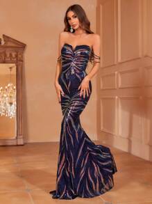 Off Shoulder Ballkleid mit Pailletten im Meerjungfrau Saum - marineblau - Übersicht 4