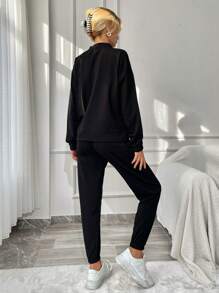 RueChic Letter Graphic Half Zip Drop Shoulder Sweatshirt & Drawstring Waist Sweatpants - Black - View 3