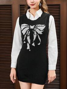 SHEIN EZwear Hình Bướm Đầm Áo len Không có áo sơ mi - Đen và trắng - Xem 4