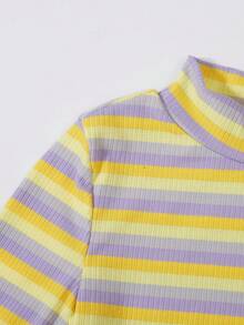 女性青少年半高領條紋休閒緊身長袖t恤 - 紫色 - 查看 4