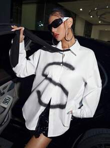 SHEIN ICON Graphic Print Drop Shoulder Shirt With Necktie - White - View 4