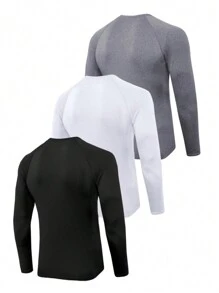 Manfinity Homme Paquete de 3 camisetas casuales de manga raglán larga y color liso para hombre, para salir