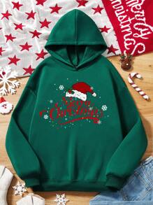 SHEIN LUNE Christmas Print Drop Shoulder Hoodie - Dark Green - View 3