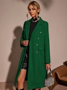 SHEIN Clasi 冬季双排扣纯色大衣 - 綠色 - 查看 3