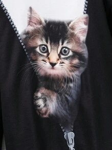 Oversize Mädchen Einfarbig Patchwork Langarm Katzen Muster Einfaches Lässig T-Shirt