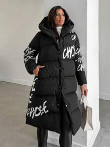 EURMUSE Long Black Padded Coat For Women With Printed Letters - Black - View 4